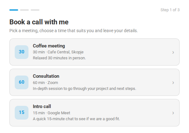 The booking form on a page built with Elementor and the Hello Elementor theme, showing three meeting types