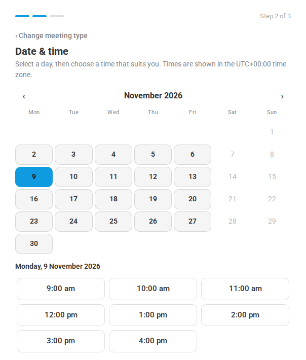 Step 2 of the booking form: a month calendar with the free times for the selected day